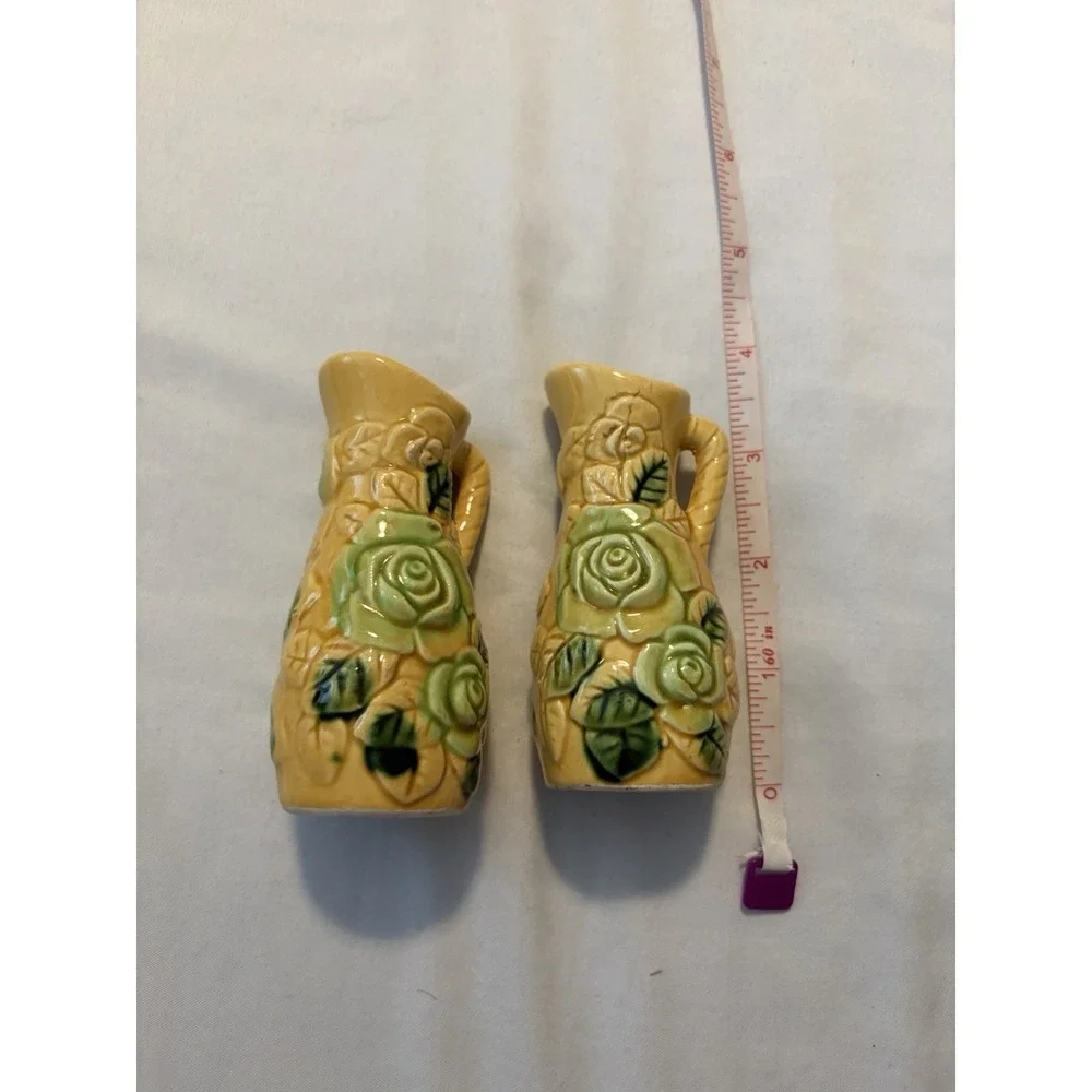 Vintage Salt and Pepper Shakers Pitcher Rose Yellow Green Mid-Century